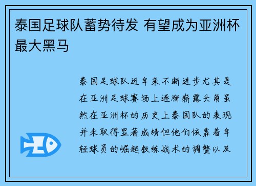 泰国足球队蓄势待发 有望成为亚洲杯最大黑马