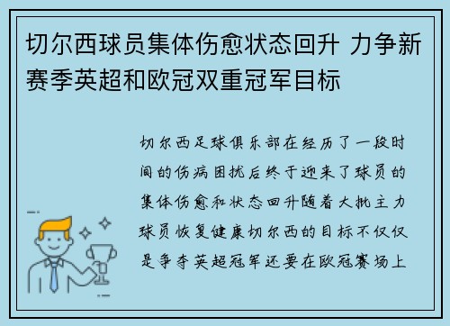切尔西球员集体伤愈状态回升 力争新赛季英超和欧冠双重冠军目标