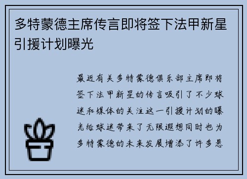 多特蒙德主席传言即将签下法甲新星引援计划曝光
